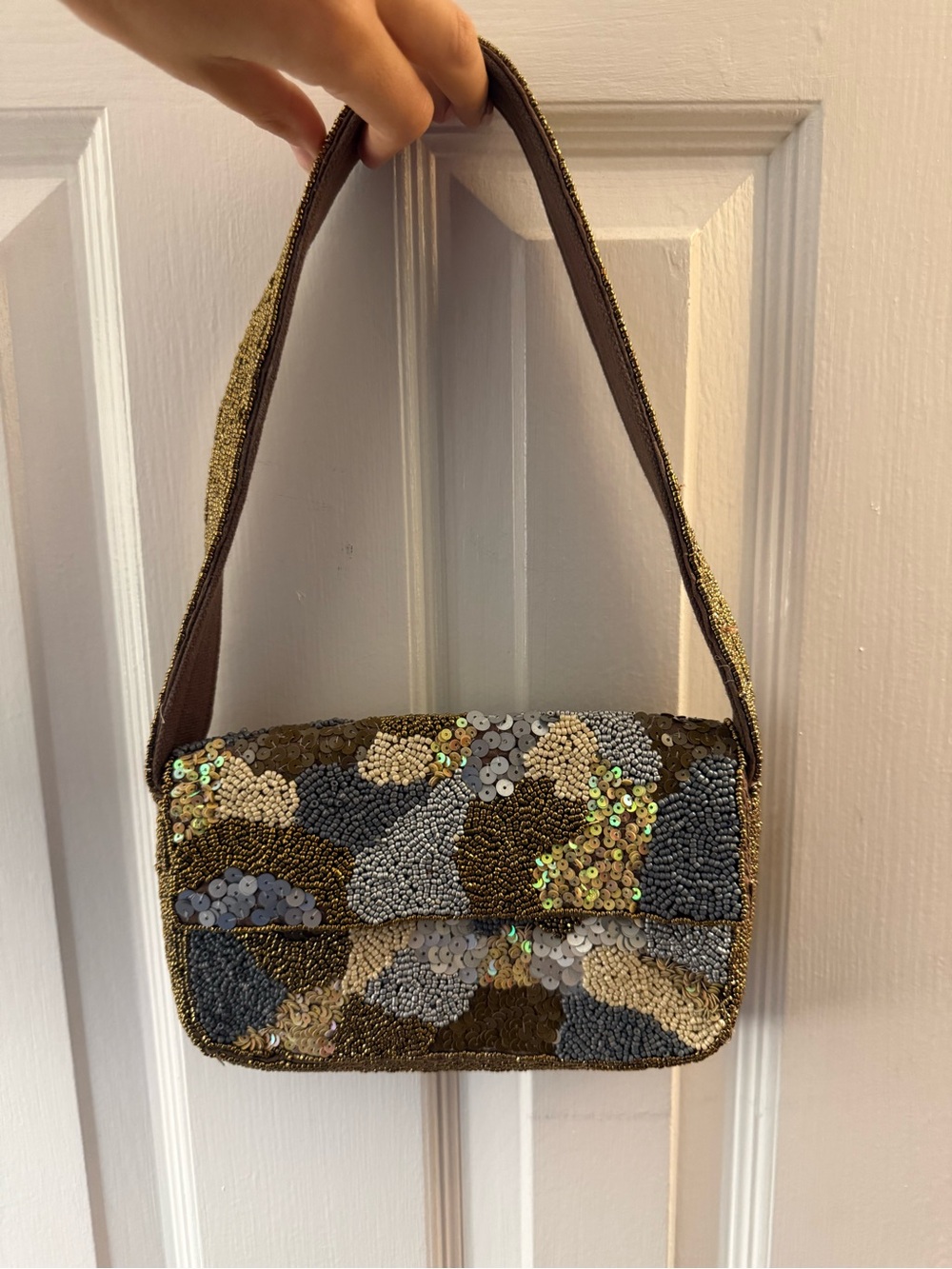 T.J.Maxx Gold Brown Gray Sequin Beaded Shoulder Bag